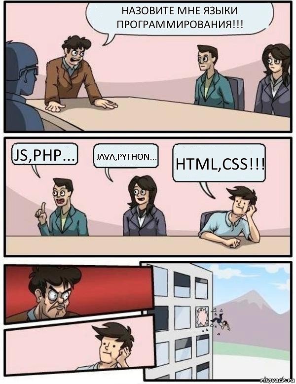 Назовите мне языки программирования!!! JS,PHP... Java,Python... HTML,CSS!!!, Комикс Выкинул из окна на совещании