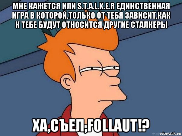 мне кажется или s.t.a.l.k.e.r единственная игра в которой,только от тебя зависит,как к тебе будут относится другие сталкеры ха,съел,follaut!?, Мем  Фрай (мне кажется или)
