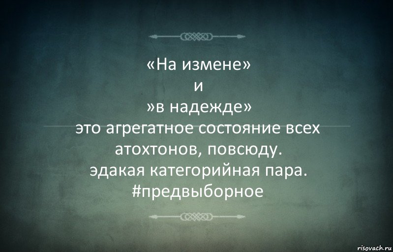 «На измене»
и
»в надежде»
это агрегатное состояние всех атохтонов, повсюду.
эдакая категорийная пара. #предвыборное, Комикс Игра слов 3