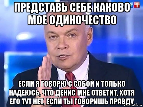 представь себе каково мое одиночество если я говорю с собой и только надеюсь, что денис мне ответит, хотя его тут нет, если ты говоришь правду, Мем Киселёв 2014