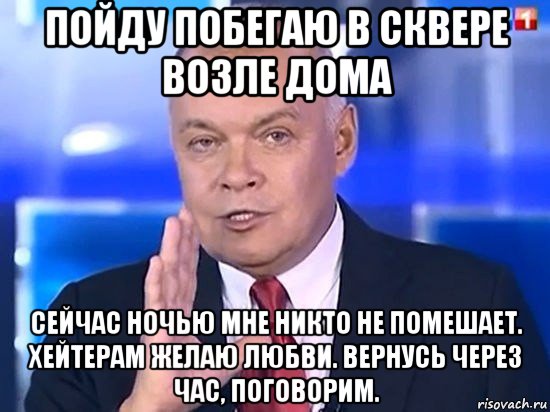 пойду побегаю в сквере возле дома сейчас ночью мне никто не помешает. хейтерам желаю любви. вернусь через час, поговорим., Мем Киселёв 2014