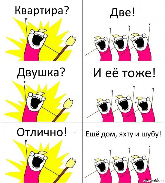 Квартира? Две! Двушка? И её тоже! Отлично! Ещё дом, яхту и шубу!