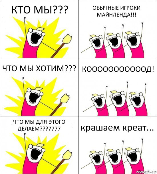 КТО МЫ??? ОБЫЧНЫЕ ИГРОКИ МАЙНЛЕНДА!!! ЧТО МЫ ХОТИМ??? КОООООООООООД! ЧТО МЫ ДЛЯ ЭТОГО ДЕЛАЕМ???7777 крашаем креат...