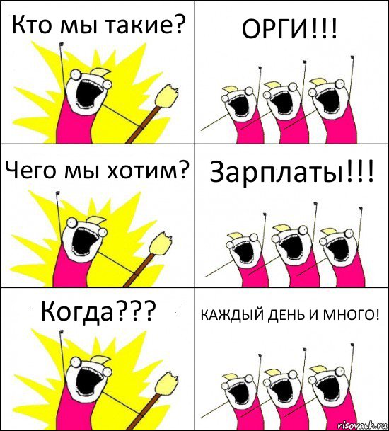 Кто мы такие? ОРГИ!!! Чего мы хотим? Зарплаты!!! Когда??? КАЖДЫЙ ДЕНЬ И МНОГО!, Комикс кто мы