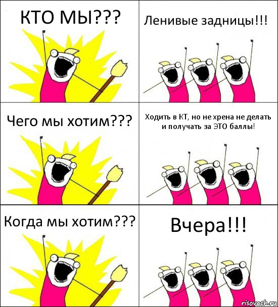 КТО МЫ??? Ленивые задницы!!! Чего мы хотим??? Ходить в КТ, но не хрена не делать и получать за ЭТО баллы! Когда мы хотим??? Вчера!!!, Комикс кто мы