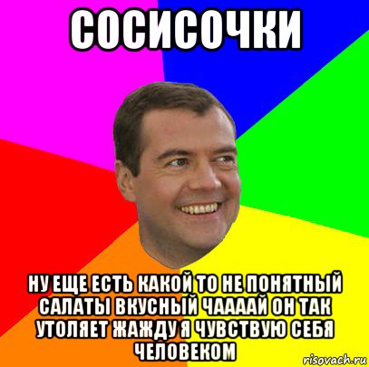 сосисочки ну еще есть какой то не понятный салаты вкусный чаааай он так утоляет жажду я чувствую себя человеком, Мем  Медведев advice