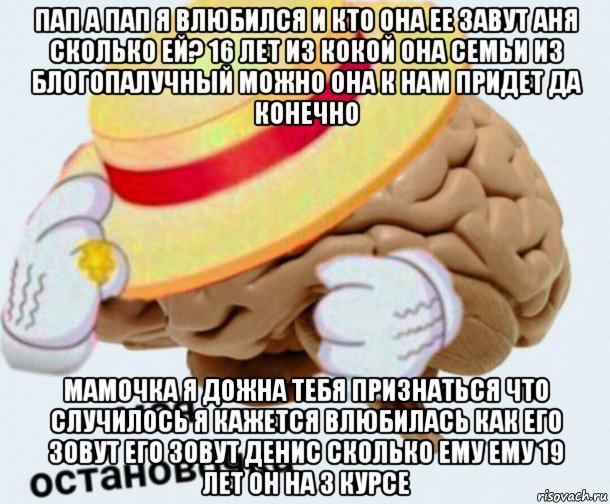 пап а пап я влюбился и кто она ее завут аня сколько ей? 16 лет из кокой она семьи из блогопалучный можно она к нам придет да конечно мамочка я дожна тебя признаться что случилось я кажется влюбилась как его зовут его зовут денис сколько ему ему 19 лет он на 3 курсе, Мем   Моя остановочка мозг