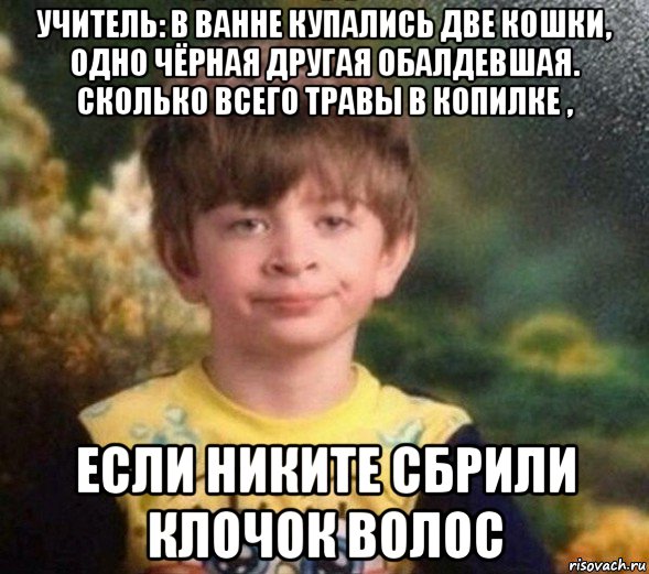 учитель: в ванне купались две кошки, одно чёрная другая обалдевшая. сколько всего травы в копилке , если никите сбрили клочок волос, Мем Недовольный пацан