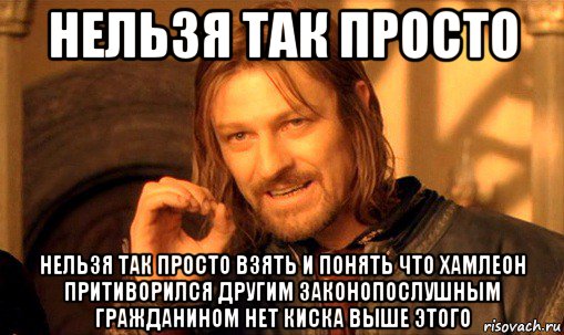 нельзя так просто нельзя так просто взять и понять что хамлеон притиворился другим законопослушным гражданином нет киска выше этого, Мем Нельзя просто так взять и (Боромир мем)