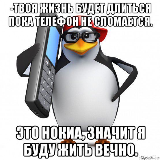 -твоя жизнь будет длиться пока телефон не сломается. это нокиа, значит я буду жить вечно., Мем   Пингвин звонит