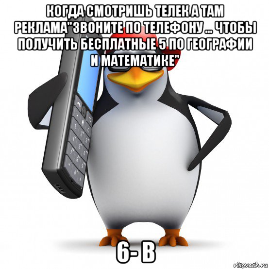 когда смотришь телек а там реклама"звоните по телефону ... чтобы получить бесплатные 5 по географии и математике" 6- в, Мем   Пингвин звонит