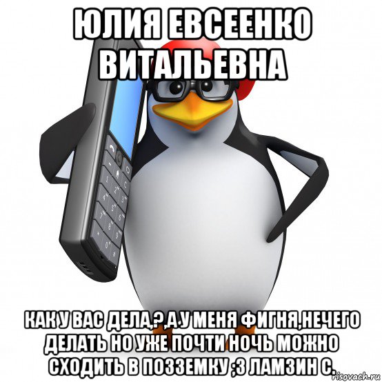 юлия евсеенко витальевна как у вас дела,?,а у меня фигня,нечего делать но уже почти ночь можно сходить в позземку ;3 ламзин с., Мем   Пингвин звонит