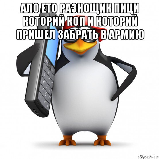 ало ето разнощик пици которий коп и которий пришел забрать в армию , Мем   Пингвин звонит