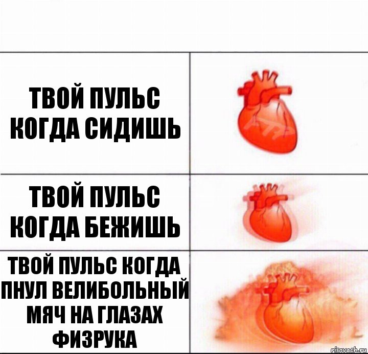 Твой пульс Когда сидишь Твой Пульс Когда бежишь Твой пульс когда пнул велибольный мяч на глазах физрука, Комикс  Расширяюшее сердце