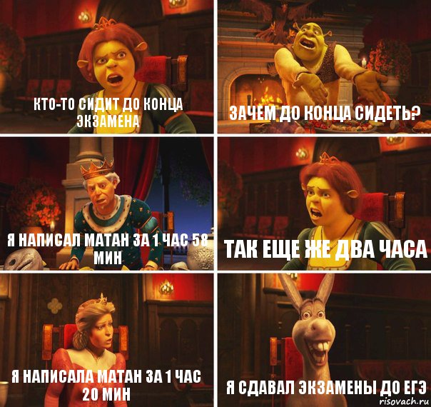 кто-то сидит до конца экзамена зачем до конца сидеть? я написал матан за 1 час 58 мин так еще же два часа Я написала матан за 1 час 20 мин Я сдавал экзамены до ЕГЭ, Комикс  Шрек Фиона Гарольд Осел