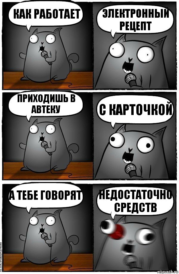 как работает Электронный рецепт приходишь в автеку с карточкой а тебе говорят недостаточно средств, Комикс  Стендап-кот