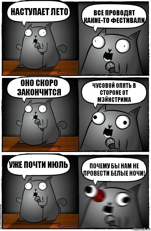 Наступает лето все проводят какие-то фестивали оно скоро закончится Чусовой опять в стороне от мэйнстрима Уже почти июль почему бы нам не провести БЕЛЫЕ НОЧИ!, Комикс  Стендап-кот