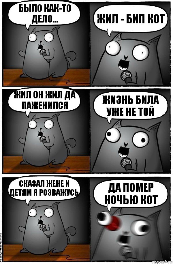 Было как-то дело... Жил - бил кот Жил он жил да паженился Жизнь била уже не той Сказал жене и детям я розважусь Да помер ночью кот, Комикс  Стендап-кот