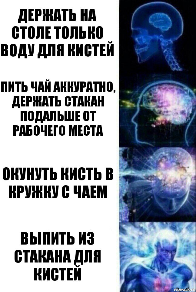 Держать на столе только воду для кистей Пить чай аккуратно, держать стакан подальше от рабочего места Окунуть кисть в кружку с чаем выпить из стакана для кистей, Комикс  Сверхразум