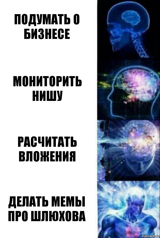 ПОДУМАТЬ О БИЗНЕСЕ МОНИТОРИТЬ НИШУ РАСЧИТАТЬ ВЛОЖЕНИЯ ДЕЛАТЬ МЕМЫ ПРО ШЛЮХОВА, Комикс  Сверхразум