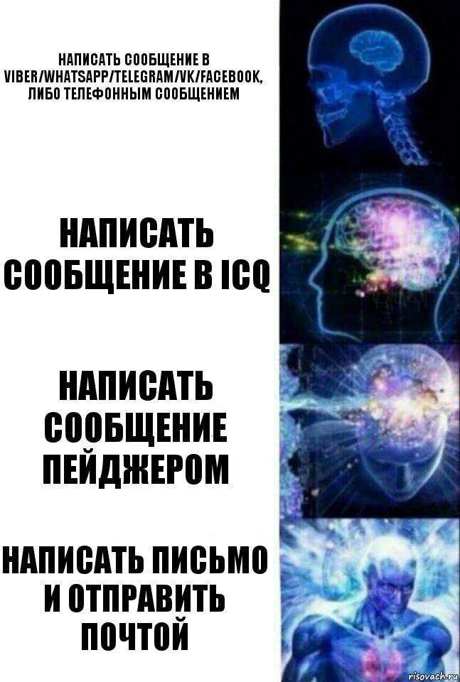 написать сообщение в viber/whatsapp/telegram/vk/facebook, либо телефонным сообщением написать сообщение в ICQ написать сообщение пейджером написать письмо и отправить почтой, Комикс  Сверхразум