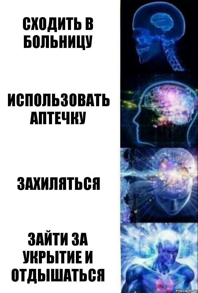 Сходить в больницу Использовать аптечку Захиляться Зайти за укрытие и отдышаться, Комикс  Сверхразум