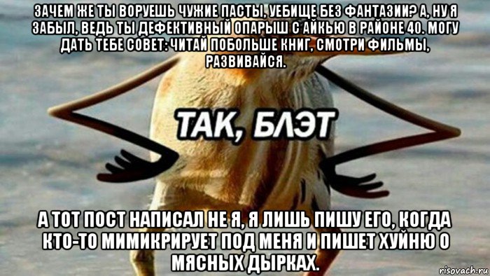 зачем же ты воруешь чужие пасты, уебище без фантазии? а, ну я забыл, ведь ты дефективный опарыш с айкью в районе 40. могу дать тебе совет: читай побольше книг, смотри фильмы, развивайся. а тот пост написал не я, я лишь пишу его, когда кто-то мимикрирует под меня и пишет хуйню о мясных дырках., Мем  Так блэт