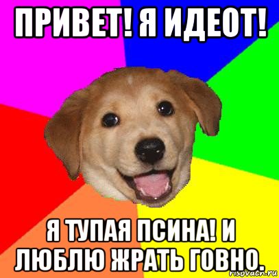 привет! я идеот! я тупая псина! и люблю жрать говно., Мем Advice Dog