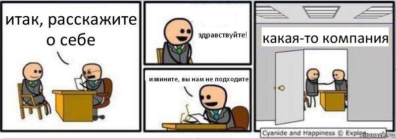 итак, расскажите о себе здравствуйте! извините, вы нам не подходите какая-то компания, Комикс Собеседование на работу