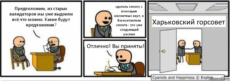 Предположим, из старых валидаторов мы уже выдоили всё,что можно. Какие будут предложения? сделать оплату с помощью магнитных карт, а безконтактная оплата - это уже следующий распил Отлично! Вы приняты! Харьковский горсовет, Комикс Собеседование на работу