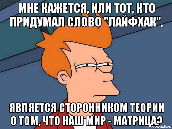 мне кажется, или тот, кто придумал слово "лайфхак", является сторонником теории о том, что наш мир - матрица?, Мем  Фрай (мне кажется или)