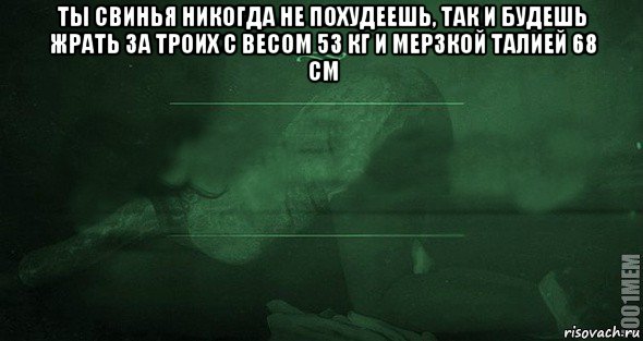 ты свинья никогда не похудеешь, так и будешь жрать за троих с весом 53 кг и мерзкой талией 68 см , Мем Игра слов 2