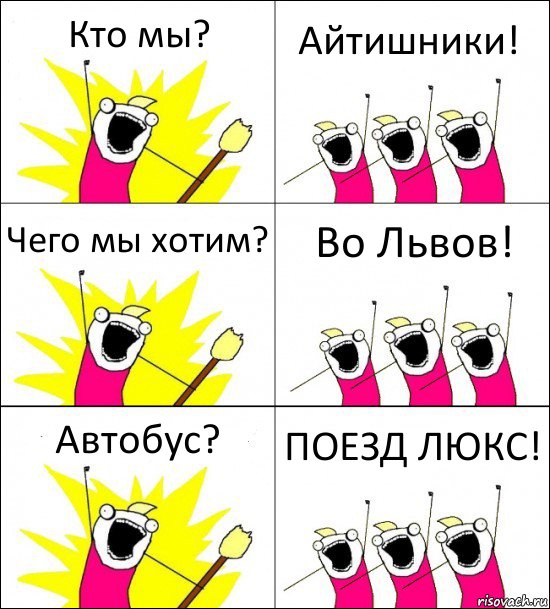 Кто мы? Айтишники! Чего мы хотим? Во Львов! Автобус? ПОЕЗД ЛЮКС!