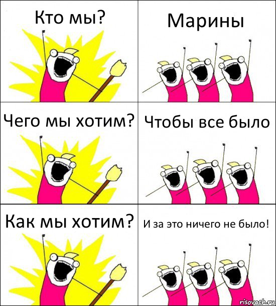 Кто мы? Марины Чего мы хотим? Чтобы все было Как мы хотим? И за это ничего не было!