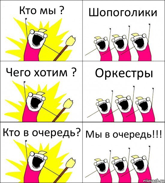 Кто мы ? Шопоголики Чего хотим ? Оркестры Кто в очередь? Мы в очередь!!!