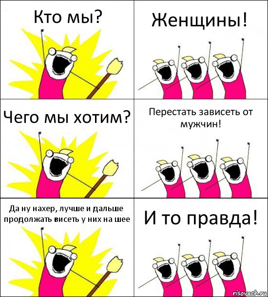 Кто мы? Женщины! Чего мы хотим? Перестать зависеть от мужчин! Да ну нахер, лучше и дальше продолжать висеть у них на шее И то правда!