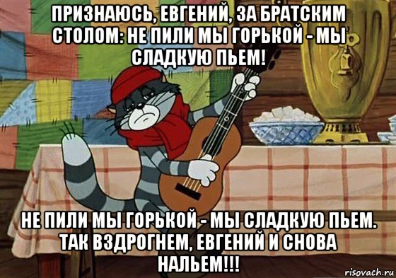 признаюсь, eвгений, за братским столом: не пили мы горькой - мы сладкую пьем! не пили мы горькой - мы сладкую пьем. так вздрогнем, евгений и снова нальем!!!, Мем Грустный Матроскин с гитарой