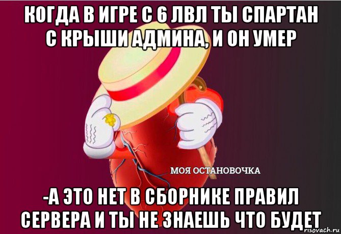 когда в игре с 6 лвл ты спартан с крыши админа, и он умер -а это нет в сборнике правил сервера и ты не знаешь что будет, Мем   Моя остановочка