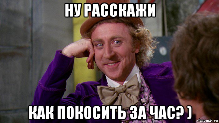 ну расскажи как покосить за час? ), Мем Ну давай расскажи (Вилли Вонка)