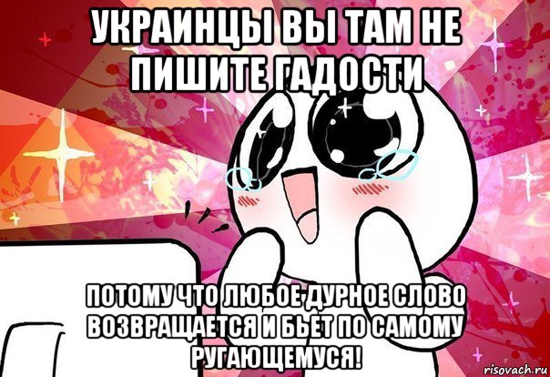 украинцы вы там не пишите гадости потому что любое дурное слово возвращается и бьет по самому ругающемуся!, Мем    ня