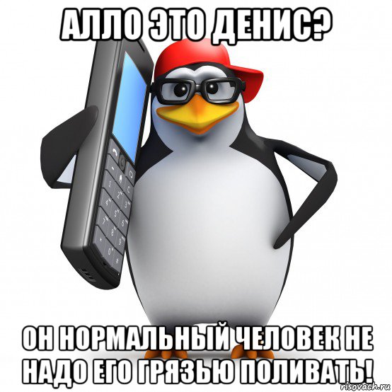 алло это денис? он нормальный человек не надо его грязью поливать!, Мем   Пингвин звонит