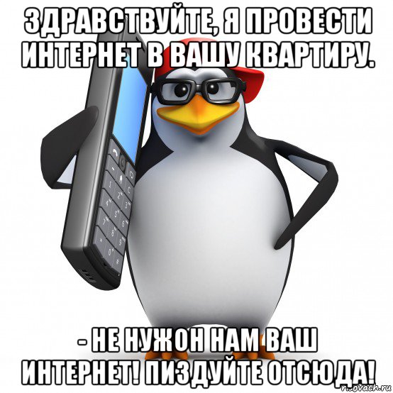 здравствуйте, я провести интернет в вашу квартиру. - не нужон нам ваш интернет! пиздуйте отсюда!, Мем   Пингвин звонит