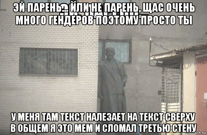 эй парень... или не парень, щас очень много гендеров поэтому просто ты у меня там текст налезает на текст сверху в общем я это мем и сломал третью стену, Мем псс парень