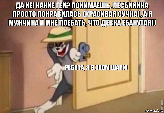 да не! какие геи? понимаешь, лесбиянка просто понравилась (красивая сучка) , а я мужчина и мне поебать, что девка ебанутая)) , Мем    Ребята я в этом шарю