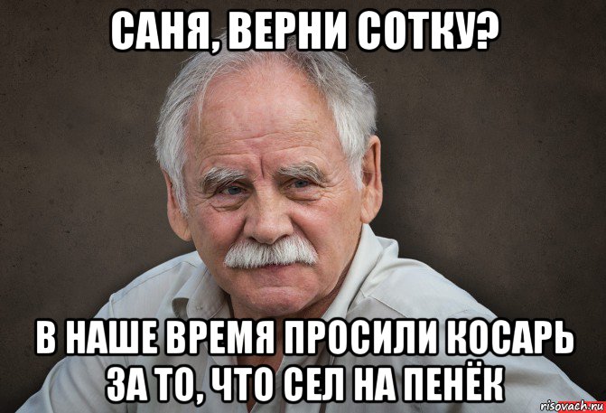 саня, верни сотку? в наше время просили косарь за то, что сел на пенёк, Мем Старик