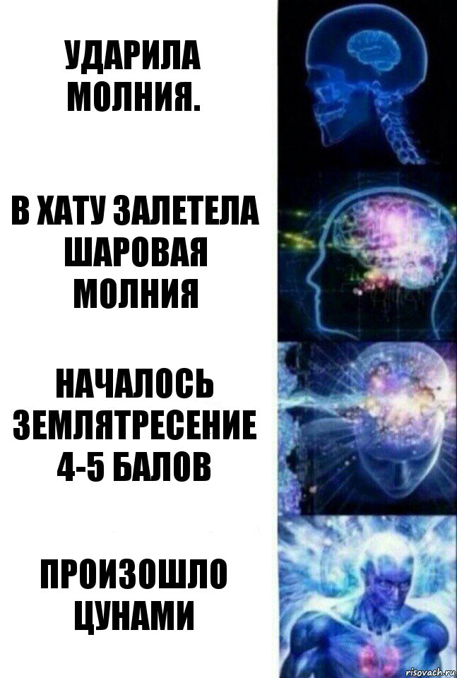 ударила молния. В хату залетела шаровая молния Началось землятресение 4-5 балов Произошло
цунами, Комикс  Сверхразум