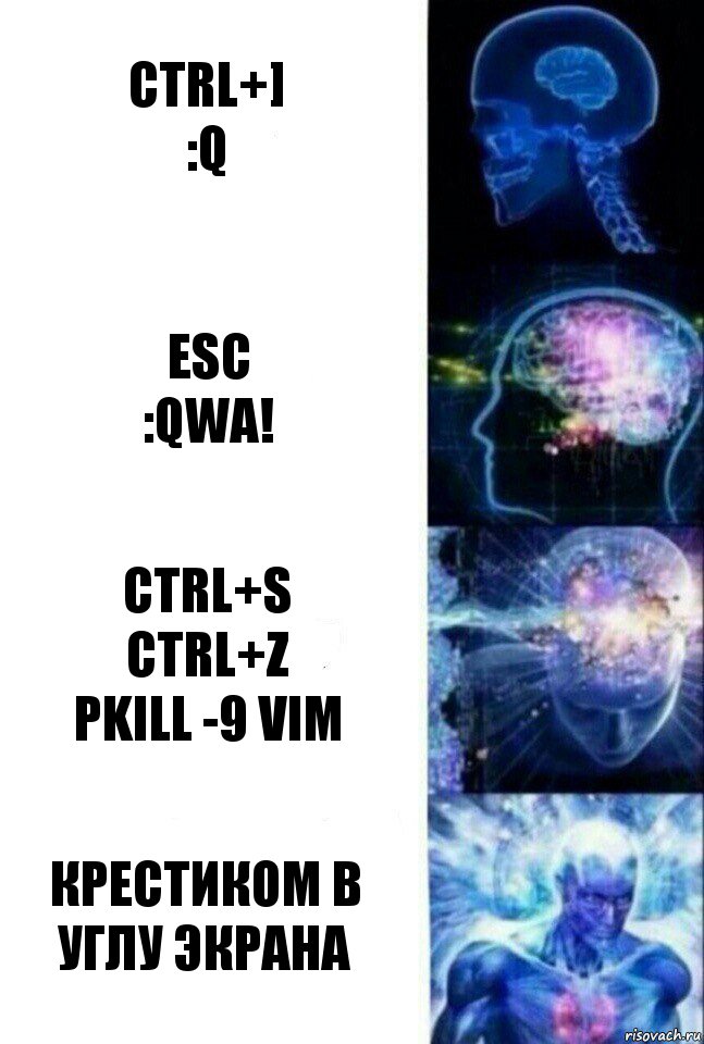 Ctrl+]
:q Esc
:qwa! Ctrl+S
Ctrl+Z
pkill -9 vim крестиком в углу экрана, Комикс  Сверхразум