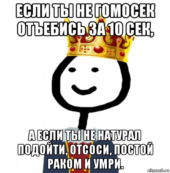 если ты не гомосек отъебись за 10 сек, а если ты не натурал подойти, отсоси, постой раком и умри., Мем  Теребонька король