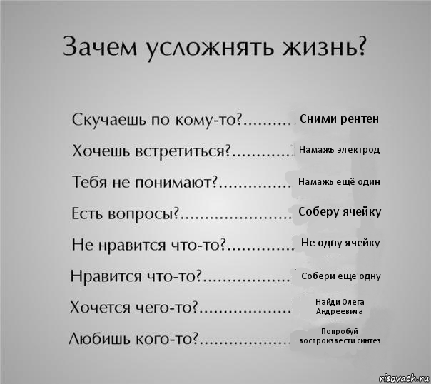 Сними рентен Намажь электрод Намажь ещё один Соберу ячейку Не одну ячейку Собери ещё одну Найди Олега Андреевича Попробуй воспроизвести синтез