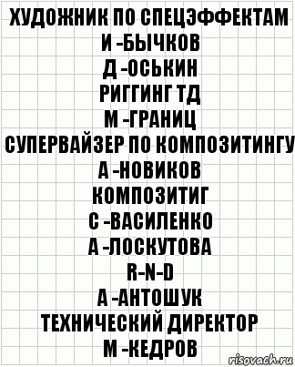 художник по спецэффектам
И -Бычков
Д -Оськин
риггинг ТД
М -Границ
супервайзер по композитингу
А -Новиков
композитиг
С -Василенко
А -Лоскутова
R-n-d
А -Антошук
технический директор
М -Кедров, Комикс  бумага